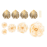 Set of 9 Ivory 3D Rose Paper Flowers with Gold Tropical Palm Leaves, Party Flower Backdrop#whtbkgd