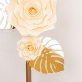 Set of 9 Ivory 3D Rose Paper Flowers with Gold Tropical Palm Leaves, Party Flower Backdrop Hanging