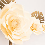 Set of 9 Ivory 3D Rose Paper Flowers with Gold Tropical Palm Leaves, Party Flower Backdrop Hanging