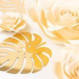 Set of 9 Ivory 3D Rose Paper Flowers with Gold Tropical Palm Leaves, Party Flower Backdrop Hanging