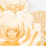 Set of 9 Ivory 3D Rose Paper Flowers with Gold Tropical Palm Leaves, Party Flower Backdrop Hanging