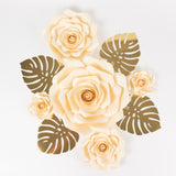 Set of 9 Ivory 3D Rose Paper Flowers with Gold Tropical Palm Leaves, Party Flower Backdrop Hanging