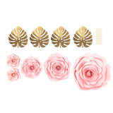 Set of 9 Pink 3D Rose Paper Flowers with Gold Tropical Palm Leaves, Party Flower Backdrop#whtbkgd