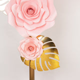 Set of 9 Pink 3D Rose Paper Flowers with Gold Tropical Palm Leaves, Party Flower Backdrop Hanging