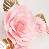 Set of 9 Pink 3D Rose Paper Flowers with Gold Tropical Palm Leaves, Party Flower Backdrop Hanging