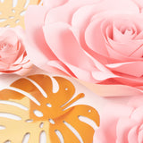 Set of 9 Pink 3D Rose Paper Flowers with Gold Tropical Palm Leaves, Party Flower Backdrop Hanging