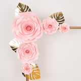 Set of 9 Pink 3D Rose Paper Flowers with Gold Tropical Palm Leaves, Party Flower Backdrop Hanging