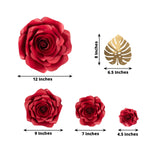 Set of 9 Red 3D Rose Paper Flowers with Gold Tropical Palm Leaves Party Flower Backdrop Hanging Wall