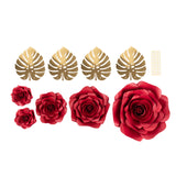 Set of 9 Red 3D Rose Paper Flowers with Gold Tropical Palm Leaves Party Flower Backdrop#whtbkgd