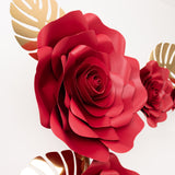 Set of 9 Red 3D Rose Paper Flowers with Gold Tropical Palm Leaves Party Flower Backdrop Hanging Wall