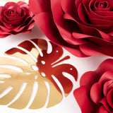 Set of 9 Red 3D Rose Paper Flowers with Gold Tropical Palm Leaves Party Flower Backdrop Hanging Wall