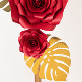 Set of 9 Red 3D Rose Paper Flowers with Gold Tropical Palm Leaves Party Flower Backdrop Hanging Wall