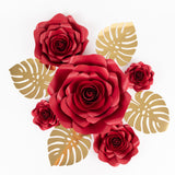 Set of 9 Red 3D Rose Paper Flowers with Gold Tropical Palm Leaves Party Flower Backdrop Hanging Wall