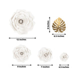 Set of 9 White 3D Rose Paper Flowers with Gold Tropical Palm Leaves, Party Flower Backdrop Hanging