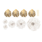 Set of 9 White 3D Rose Paper Flowers with Gold Tropical Palm Leaves, Party Flower Backdrop#whtbkgd