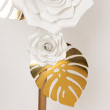 Set of 9 White 3D Rose Paper Flowers with Gold Tropical Palm Leaves, Party Flower Backdrop Hanging