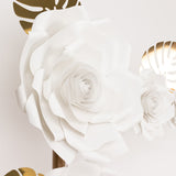 Set of 9 White 3D Rose Paper Flowers with Gold Tropical Palm Leaves, Party Flower Backdrop Hanging