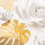 Set of 9 White 3D Rose Paper Flowers with Gold Tropical Palm Leaves, Party Flower Backdrop Hanging