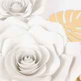 Set of 9 White 3D Rose Paper Flowers with Gold Tropical Palm Leaves, Party Flower Backdrop Hanging