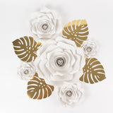 Set of 9 White 3D Rose Paper Flowers with Gold Tropical Palm Leaves, Party Flower Backdrop Hanging