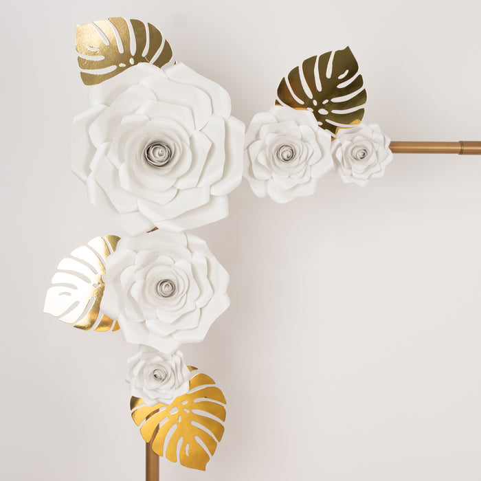 Set of 9 White 3D Rose Paper Flowers with Gold Tropical Palm Leaves, Party Flower Backdrop Hanging