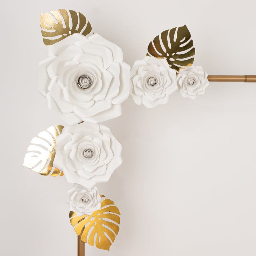 Set of 9 White 3D Rose Paper Flowers with Gold Tropical Palm Leaves, Party Flower Backdrop Hanging