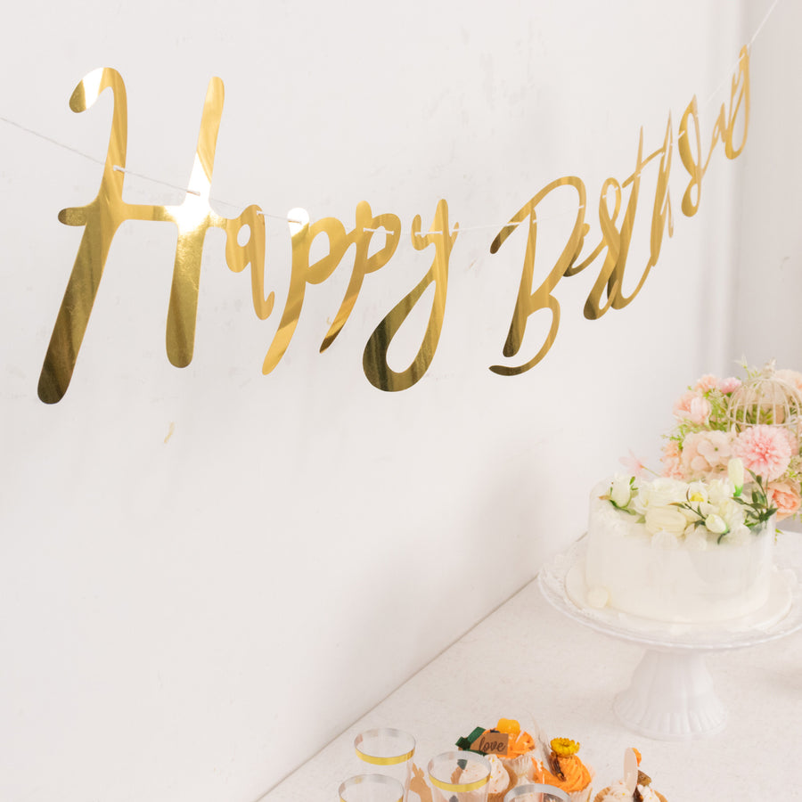 10ft Pre-Strung Metallic Gold Foil "Happy Birthday" Banner, Party Photo Backdrop Hanging Garland