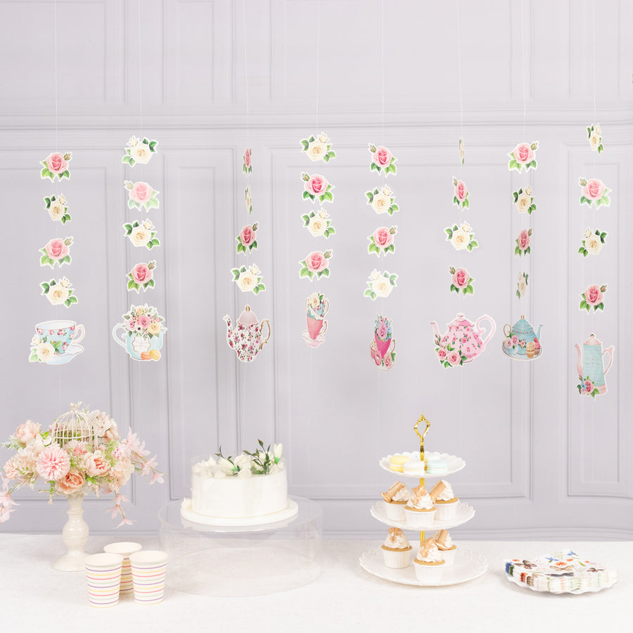 8 Pack Double Sided Floral Tea Party Paper Garland 40inch Pre-Assembled Mixed Teapot Banner Hanging