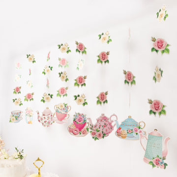 8 Pack Double Sided Floral Tea Party Paper Garland, 40" Pre-Assembled Mixed Teapot Banner Hanging Decorations