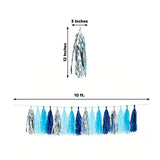 Blue and silver tassel garland, 10 ft long, 3 inches tall, 12 inches wide.