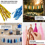 Colorful pre-tied hanging foil & paper tassel garland for versatile party décor.