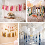 Party decoration ideas featuring tassel garlands, balloons, and festive setups.