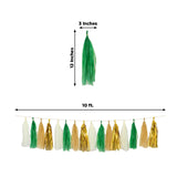 Gold, green, and white tassel garland, 10 ft long, 12-inch tassels.