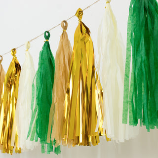Colorful party tassels in gold, green, and white hanging decoratively.