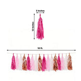 Pink and gold tassel garland, 10 ft long, 3-inch tassels, 12 inches apart.