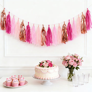 16 Pack Pre-Tied Foil Tassel Garland Banner Decoration – Pink & Rose Gold Paper Tassels with 10ft Hanging String