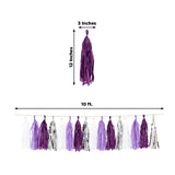 Purple and silver tassel garland, 10 ft long, 3 in tassels, 12 in hanging length.