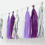 Purple and silver party tassels hanging on a string.