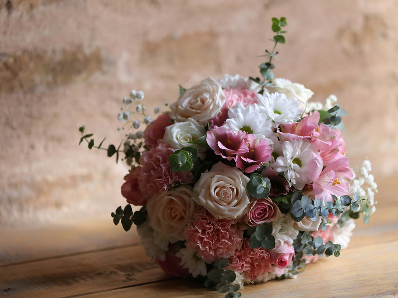 Pink and white flower bouquet with eucalyptus