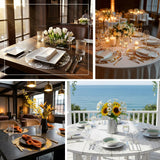 Elegant table settings with flowers and candles in various dining environments.