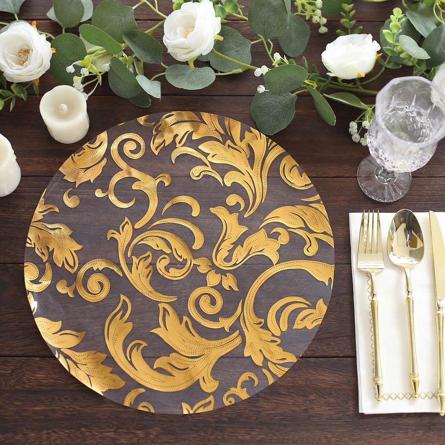 10 Pack Metallic Gold Sheer Organza Dining Table Mats with Swirl Foil Floral Design
