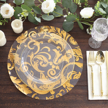 10 Pack Metallic Gold Sheer Organza Dining Table Mats with Swirl Foil Floral Design, 13" Round Disposable Placemats