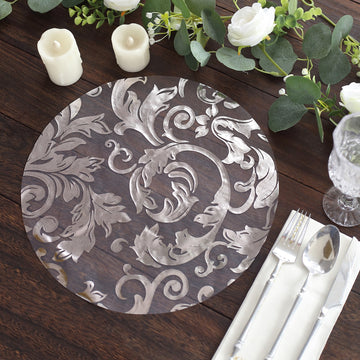 10 Pack Metallic Silver Sheer Organza Dining Table Mats with Swirl Foil Floral Design, 13" Round Disposable Placemats