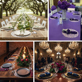 Elegant dining setups with chandeliers and floral arrangements in various settings.
