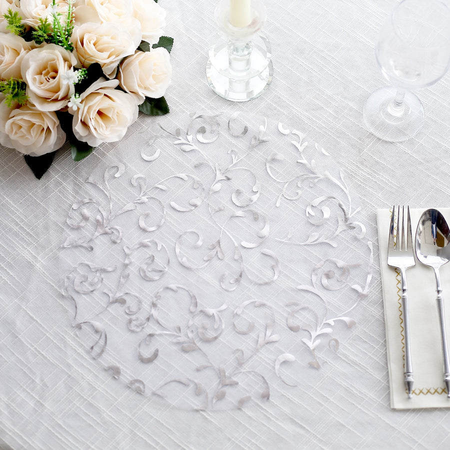  10 Pack Metallic Silver Sheer Organza Dining Table Mats with Embossed Foil Flower Design