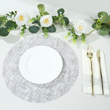 10 Pack Metallic Silver Glitter Mesh Round Table Mats, 13" Polyester Dining Placemats