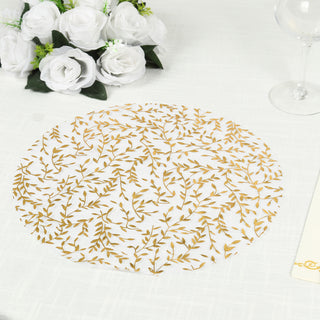 <h3 style="margin-left:0px;"><strong>White</strong> <strong>Mesh Organza Round Placemats with Gold Foil Leaf Vines</strong>