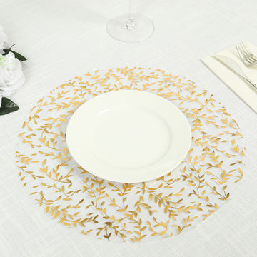 10 Pack White Mesh Organza Dining Table Mats with Gold Foil Leaf Vines, Floral Round Placemats - 13"