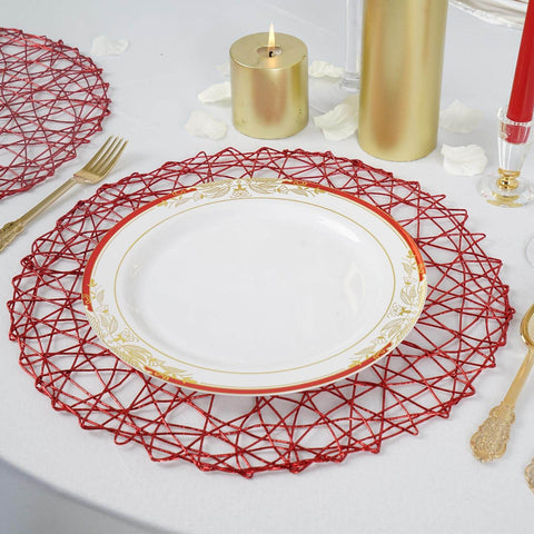 Red woven placemat with plate and candle