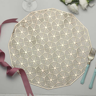 Enhance Your Tablescapes with 15" Gold Geometric Woven Vinyl Placemats